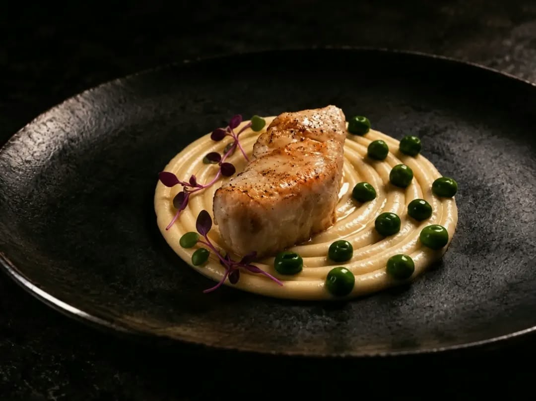 Gebakken vis op een spiraal van puree met erwten