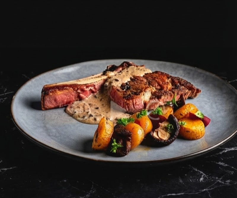 Côte de boeuf met saus en geroosterde groenten